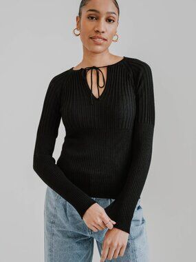 NWT MAX MARA KATAI BLACK RIBBED KNIT KEYHOLE PULLOVER TOP - M